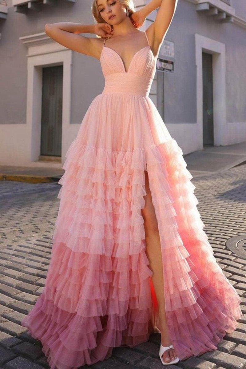 A-line V Neck Tulle Prom Dresses with Slit