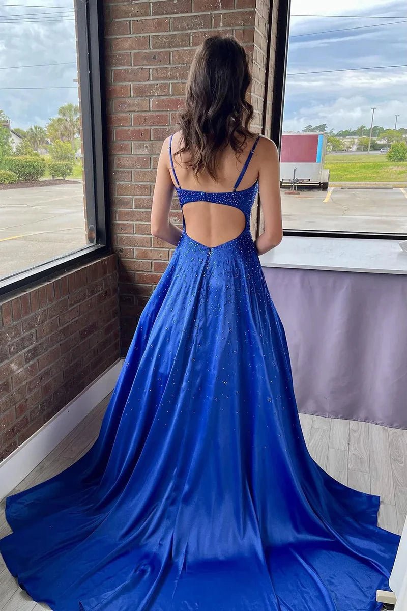 A-line V Neck Satin Long Prom Dresses with Beading
