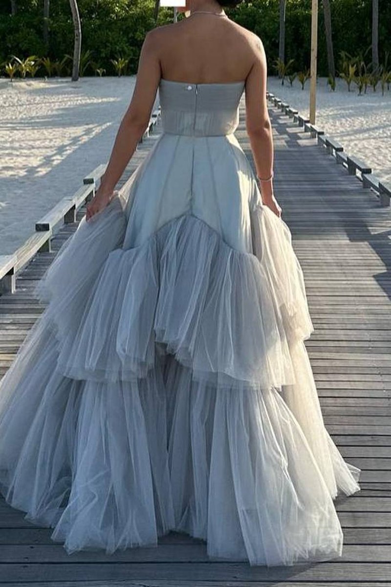 Strapless A-line Tulle Long Prom Dresses with Beading