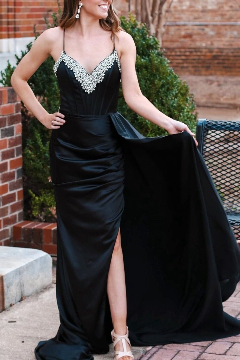 Rhinestone V-Neck Long Formal Dresses with Attached Train