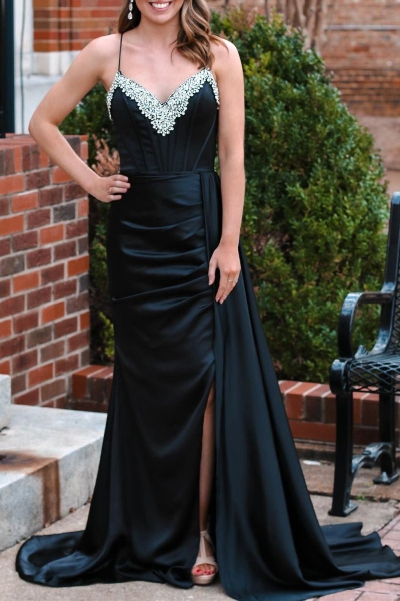 Rhinestone V-Neck Long Formal Dresses with Attached Train
