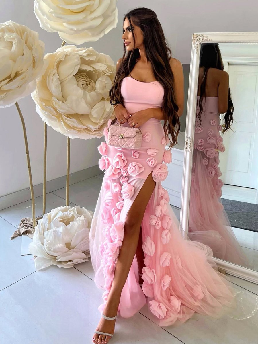 A-line Sweetheart Sleeveless Slit Flowers Prom Dresses
