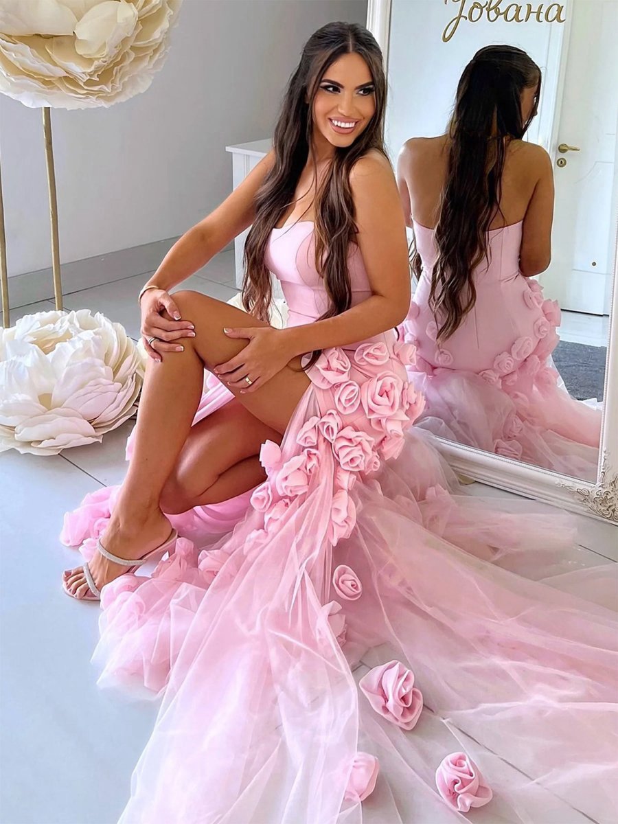 A-line Sweetheart Sleeveless Slit Flowers Prom Dresses