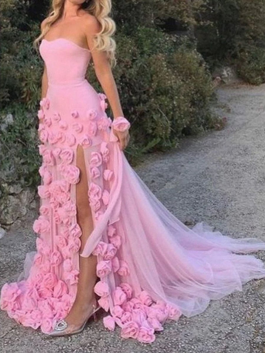 A-line Sweetheart Sleeveless Slit Flowers Prom Dresses