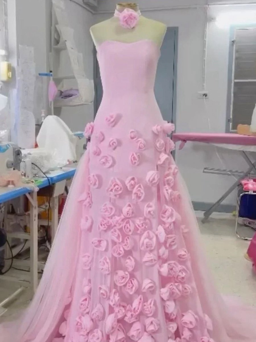 A-line Sweetheart Sleeveless Slit Flowers Prom Dresses