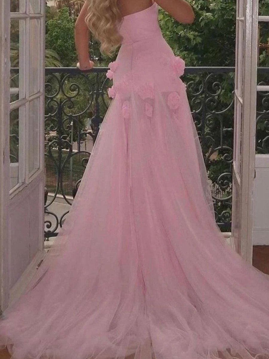 A-line Sweetheart Sleeveless Slit Flowers Prom Dresses
