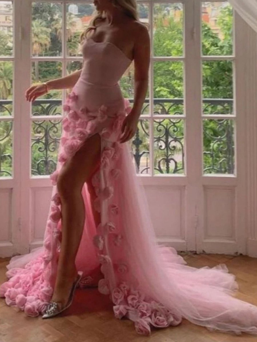 A-line Sweetheart Sleeveless Slit Flowers Prom Dresses