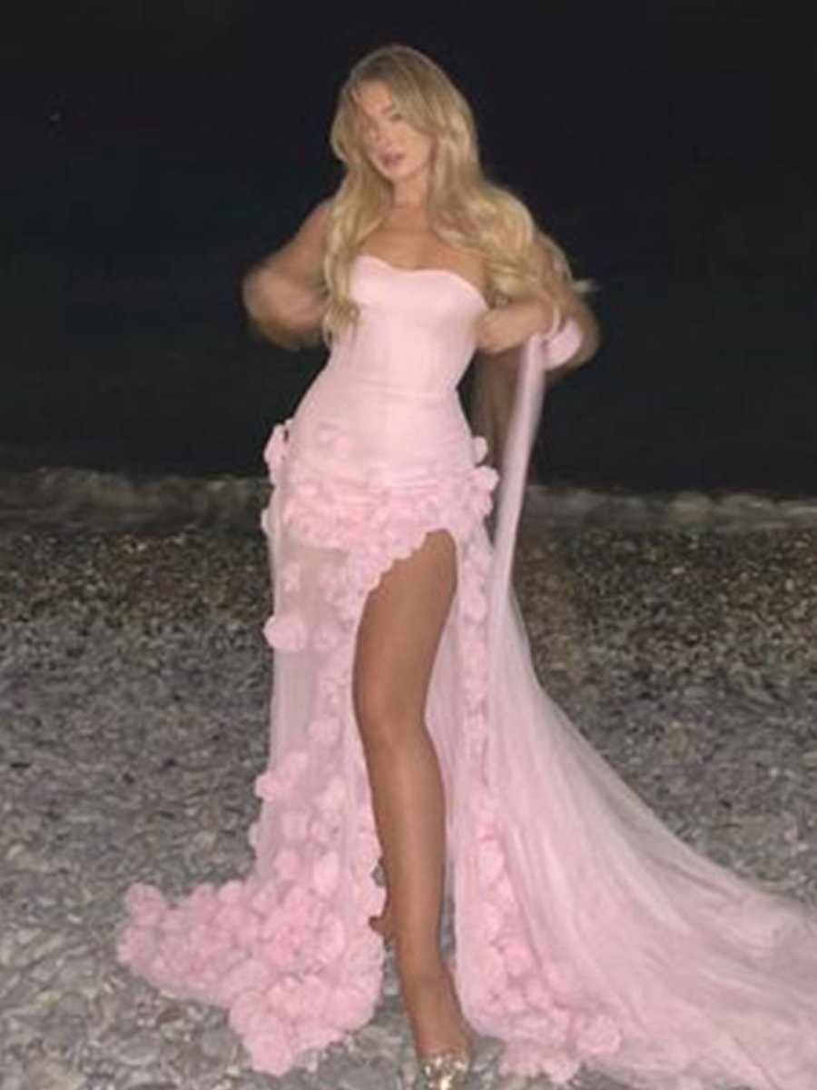 A-line Sweetheart Sleeveless Slit Flowers Prom Dresses