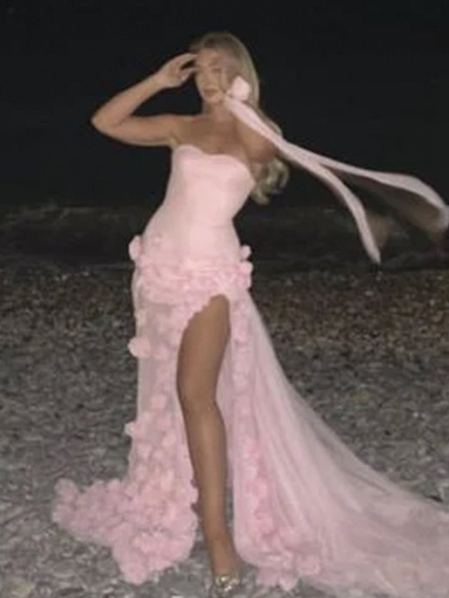 A-line Sweetheart Sleeveless Slit Flowers Prom Dresses