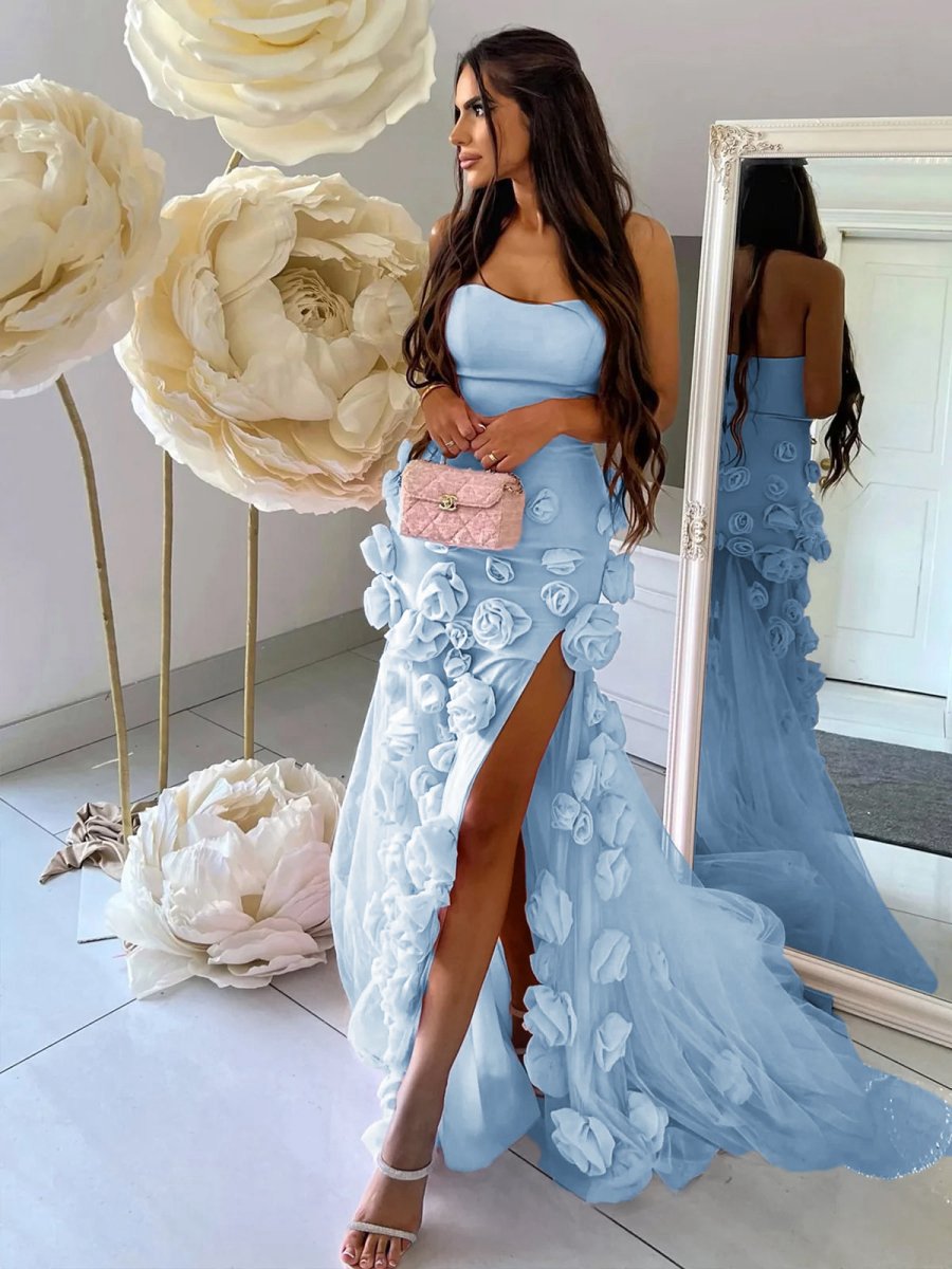 A-line Sweetheart Sleeveless Slit Flowers Prom Dresses