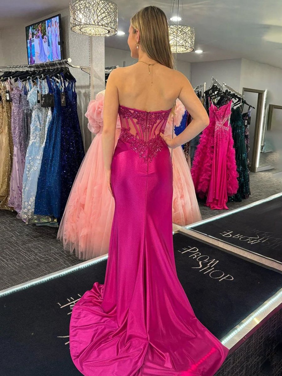 Strapless Satin Mermaid Long Prom Dresses with Slit