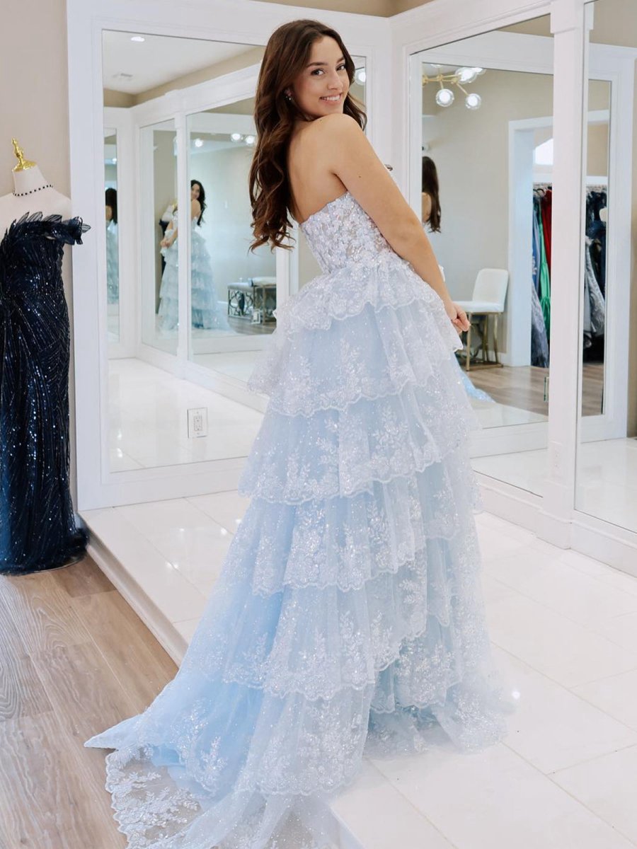 A-line Strapless Ruffle Sequin Lace Prom Dresses