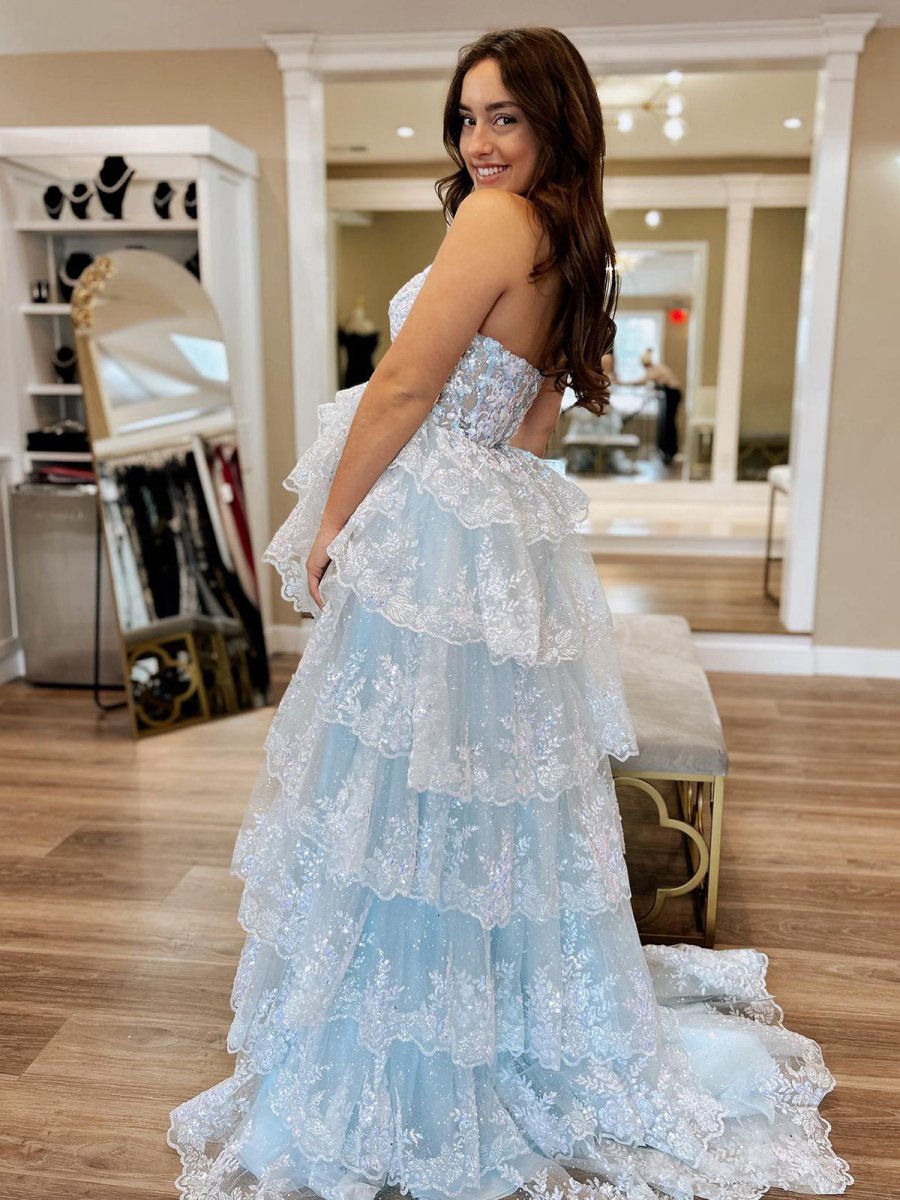 A-line Strapless Ruffle Sequin Lace Prom Dresses