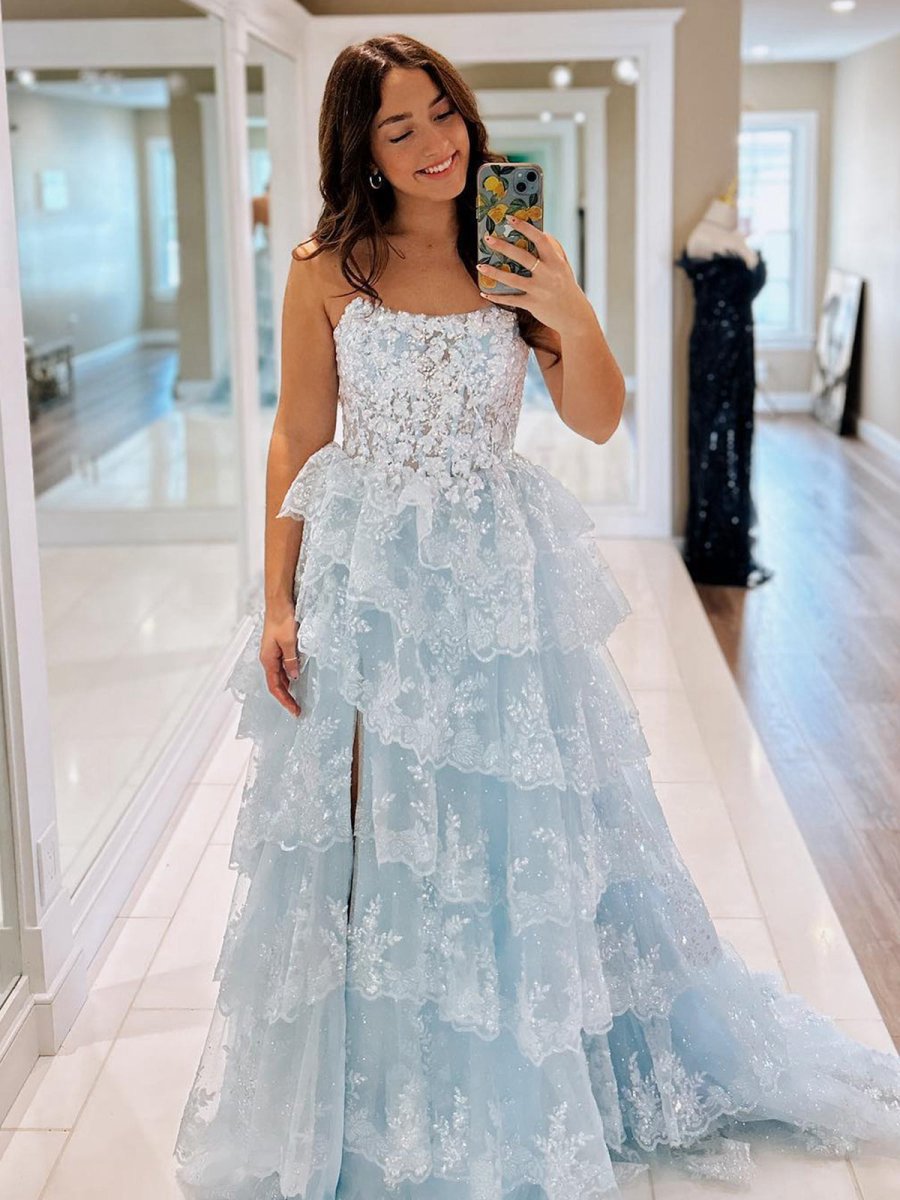 A-line Strapless Ruffle Sequin Lace Prom Dresses