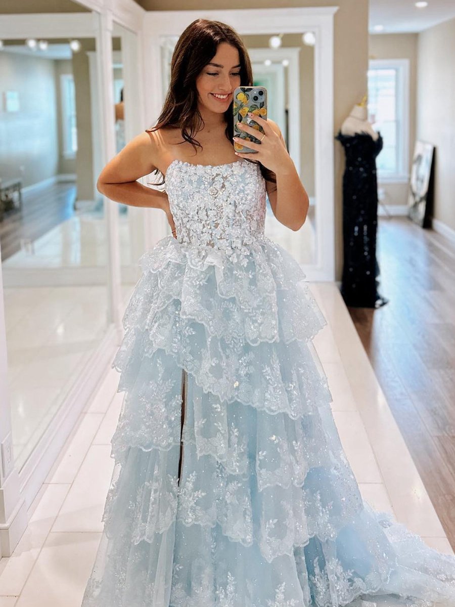 A-line Strapless Ruffle Sequin Lace Prom Dresses
