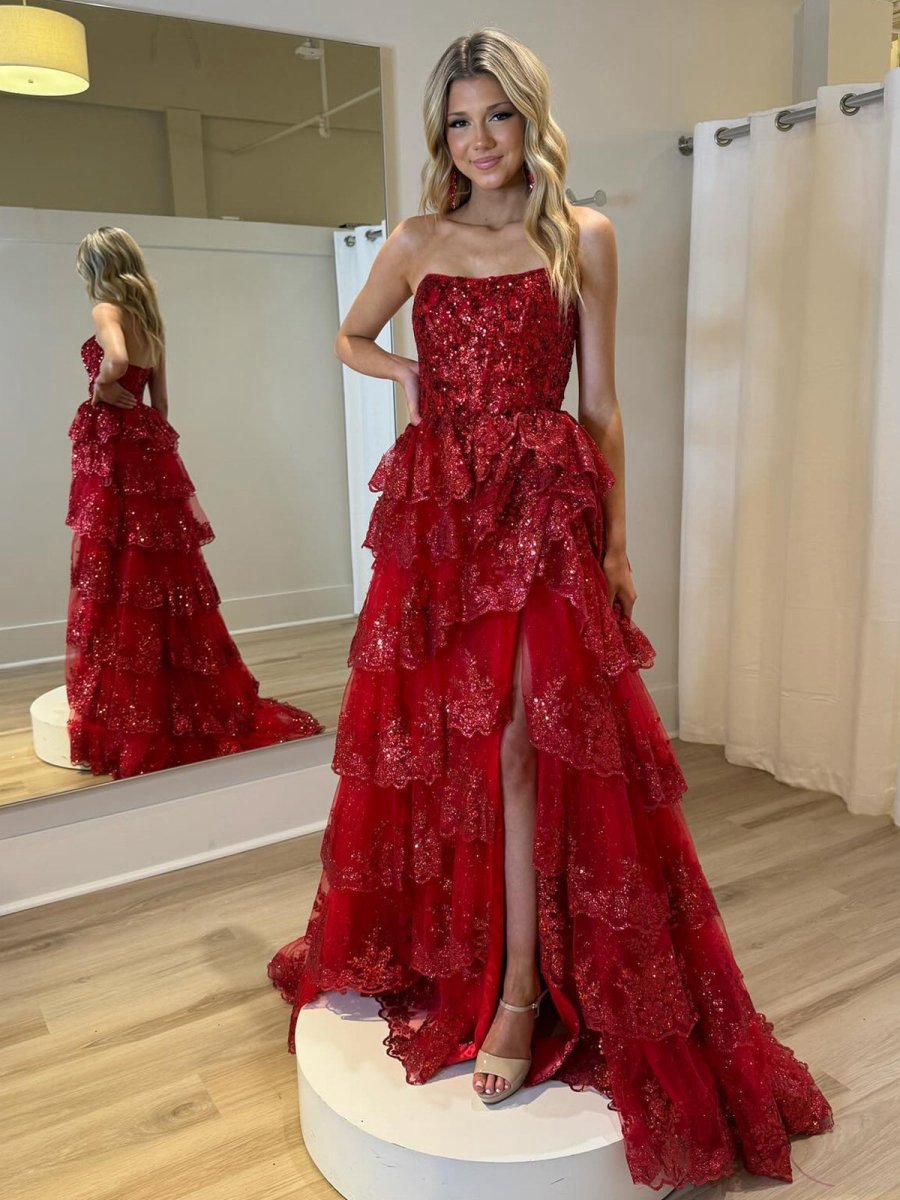 A-line Strapless Ruffle Sequin Lace Prom Dresses
