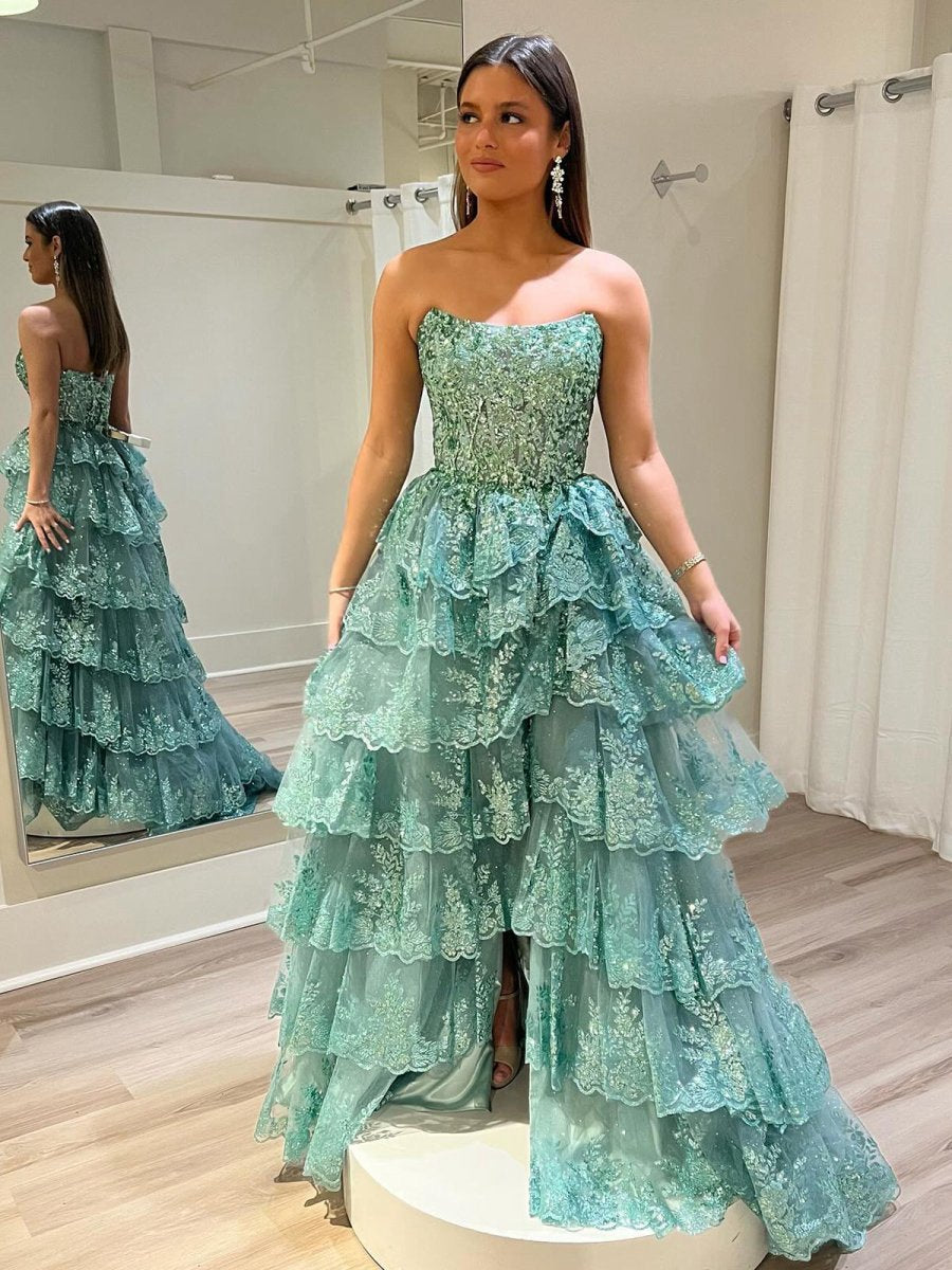 A-line Strapless Ruffle Sequin Lace Prom Dresses