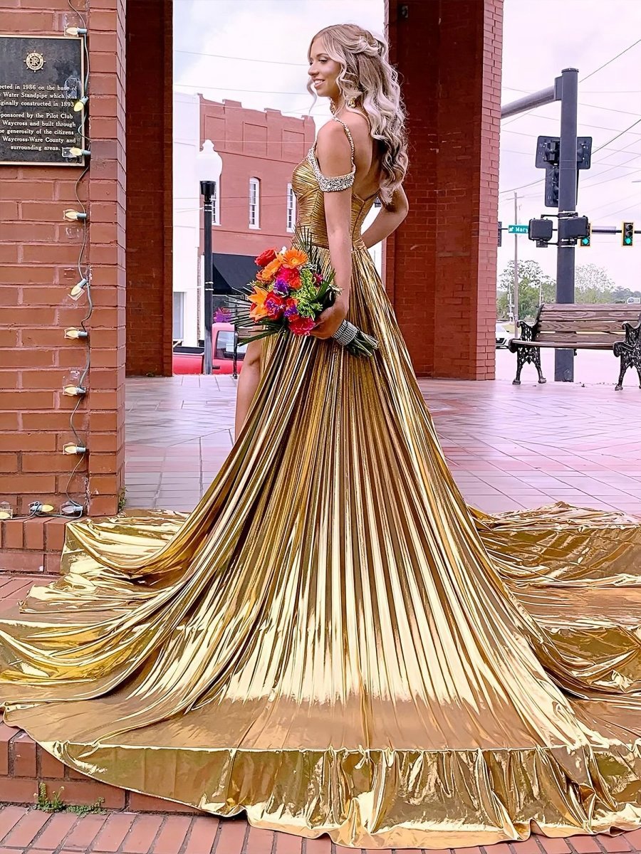 Off the Shoulder Gold A-line Metallic Pleated Long Formal Gown