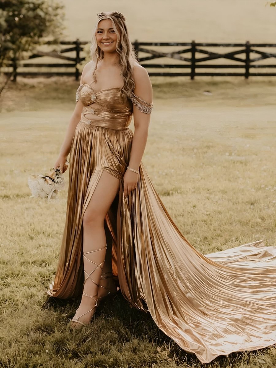 Off the Shoulder Gold A-line Metallic Pleated Long Formal Gown