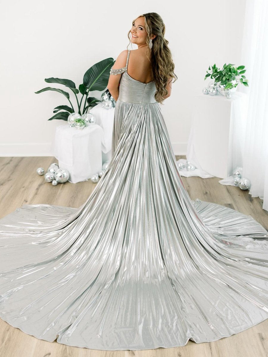 Off the Shoulder Gold A-line Metallic Pleated Long Formal Gown