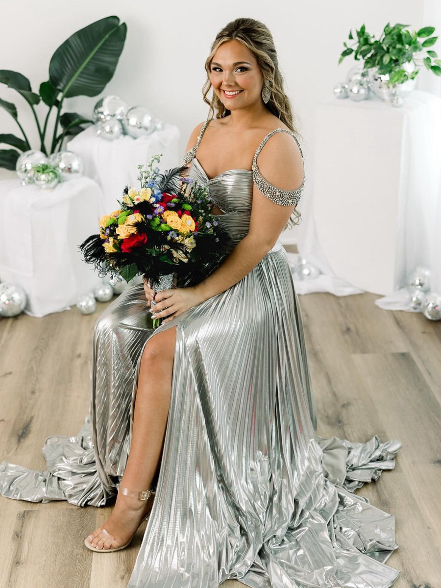 Off the Shoulder Gold A-line Metallic Pleated Long Formal Gown
