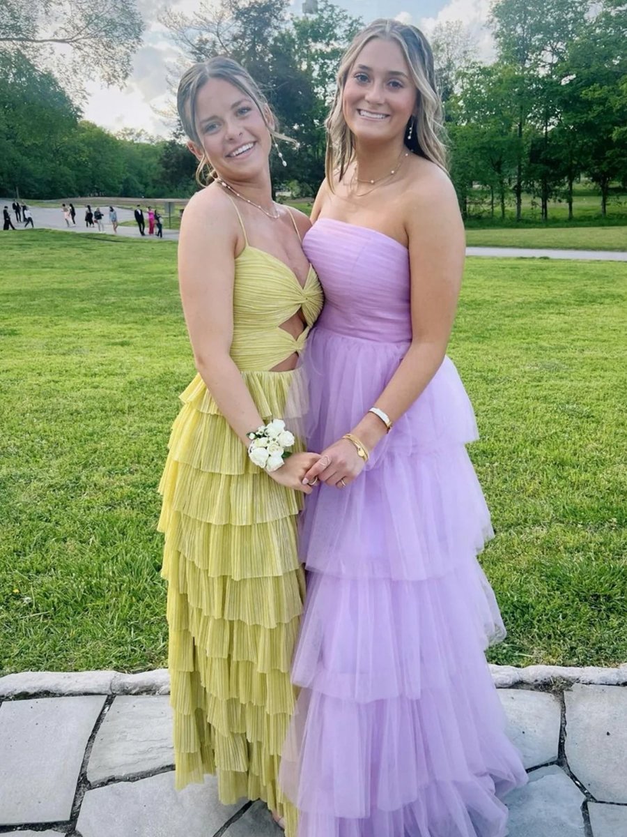 Spaghetti Straps Keyhole Tie Ruffle Long Formal Dresses