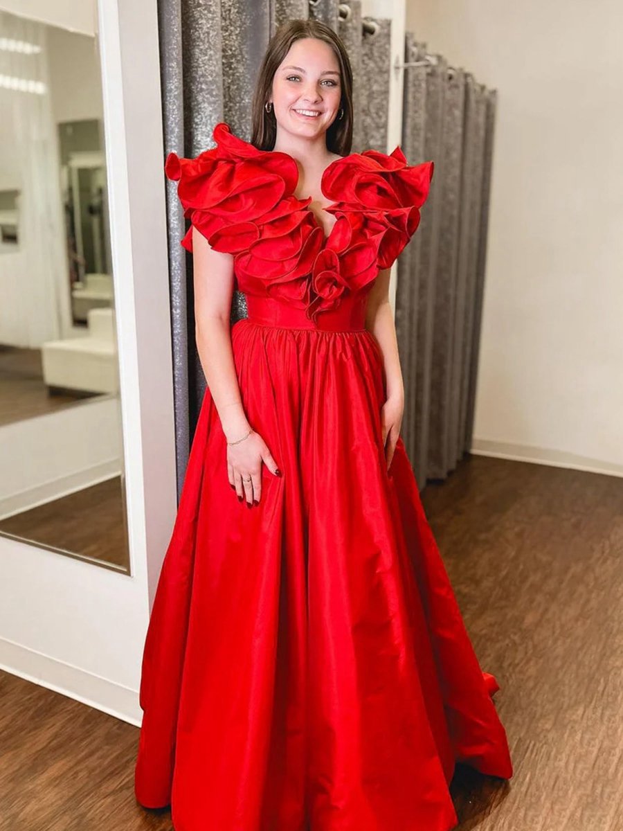 Ruffle V Neck Satin A-line Long Prom Dresses