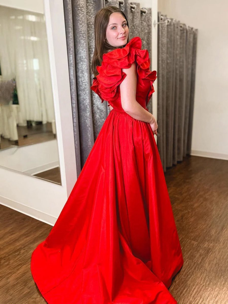 Ruffle V Neck Satin A-line Long Prom Dresses