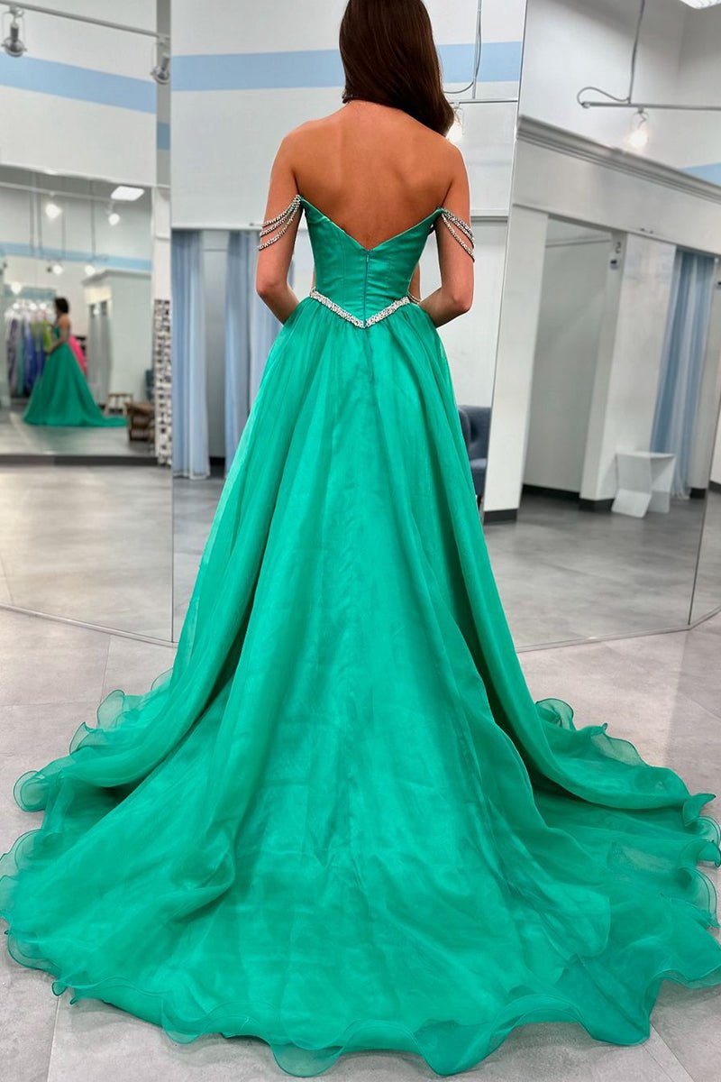 Ball Gown Strapless Tulle Beaded Long Prom Dresses with Slit