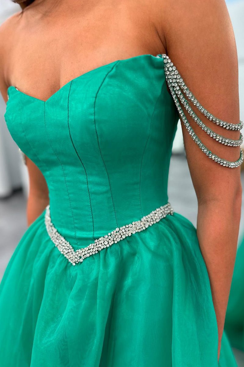 Ball Gown Strapless Tulle Beaded Long Prom Dresses with Slit