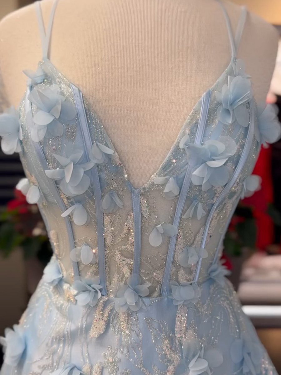 3D Flower Lace V-Neck A-line Long Prom Dresses