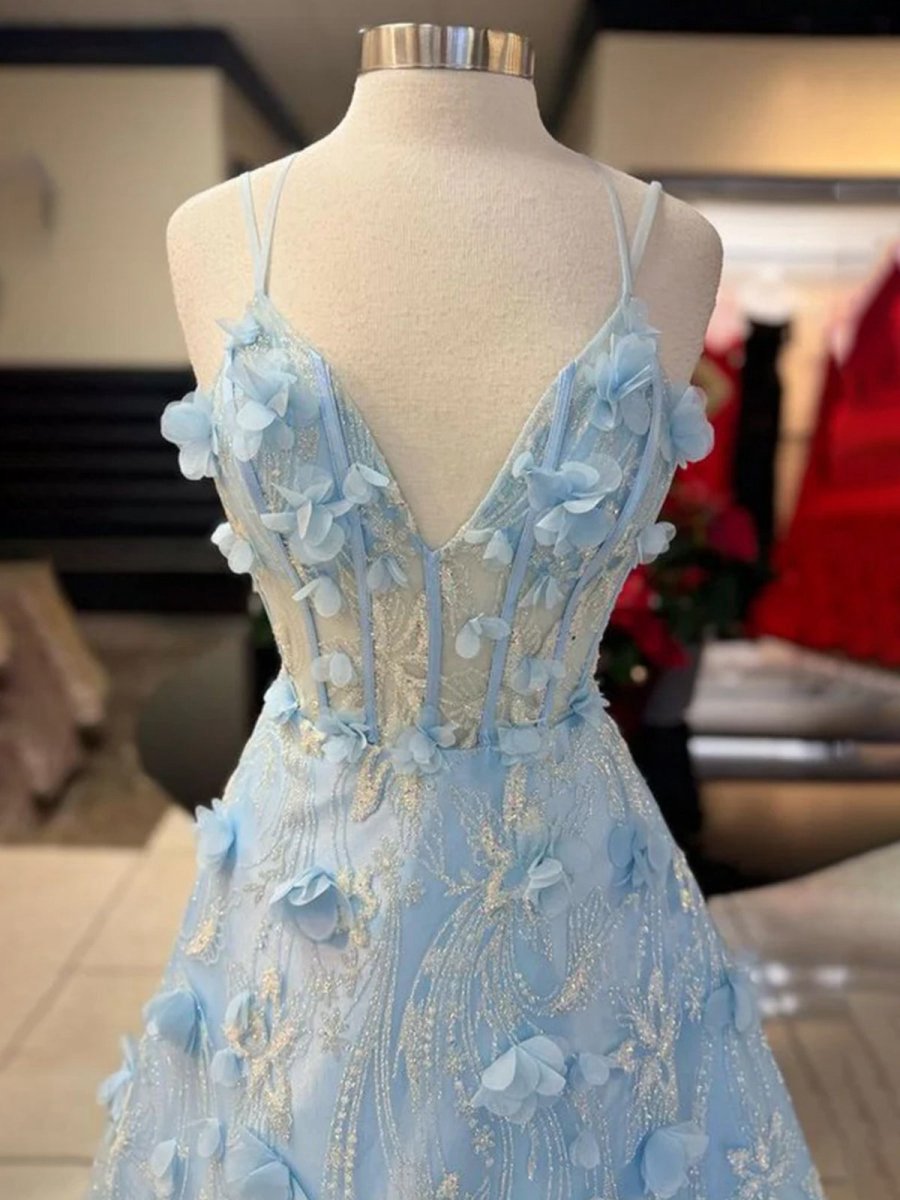 3D Flower Lace V-Neck A-line Long Prom Dresses