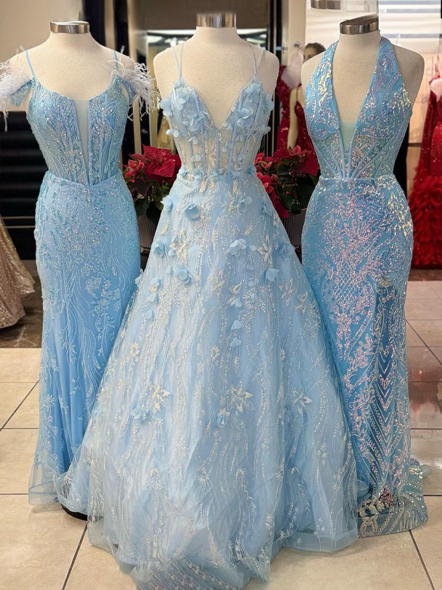 3D Flower Lace V-Neck A-line Long Prom Dresses