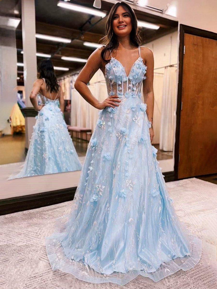 3D Flower Lace V-Neck A-line Long Prom Dresses