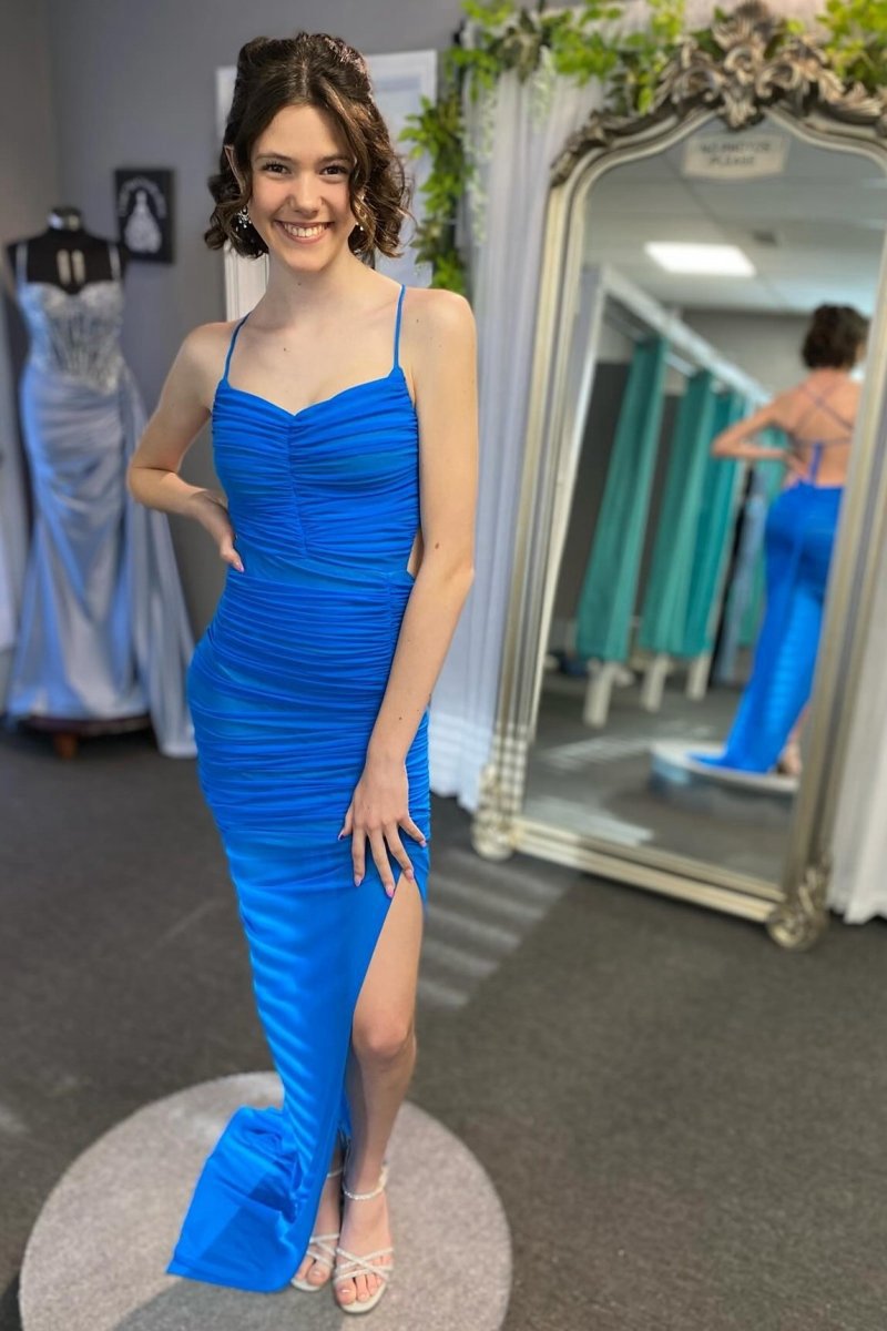 Lace-Up Back Mermaid Ruched Maxi Dresses with Slit in Light Blue