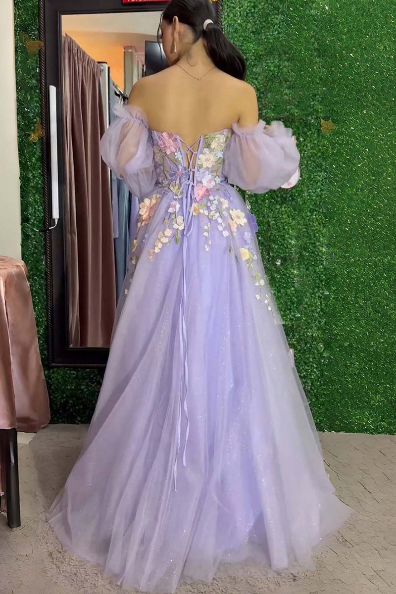 A-line Strapless Tulle Prom Dresses with 3D Flowers
