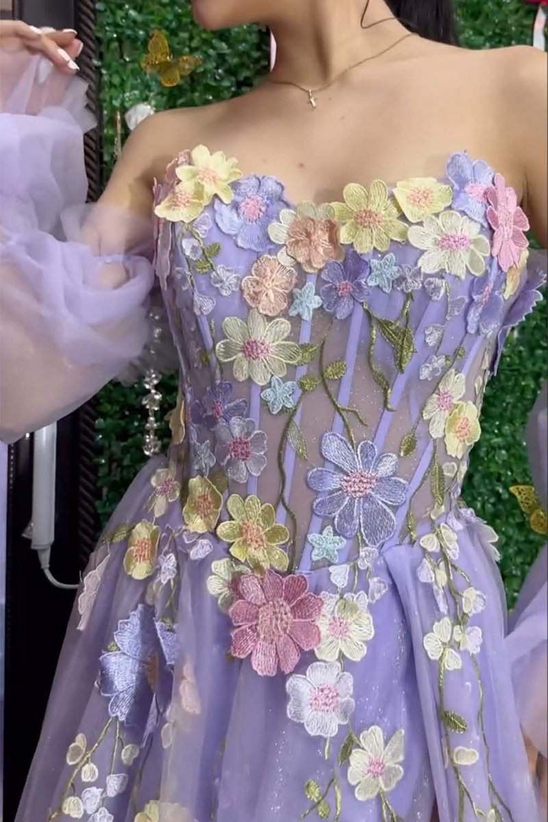A-line Strapless Tulle Prom Dresses with 3D Flowers