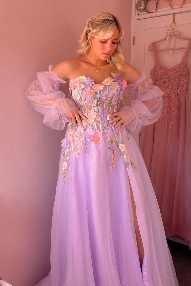 A-line Strapless Tulle Prom Dresses with 3D Flowers