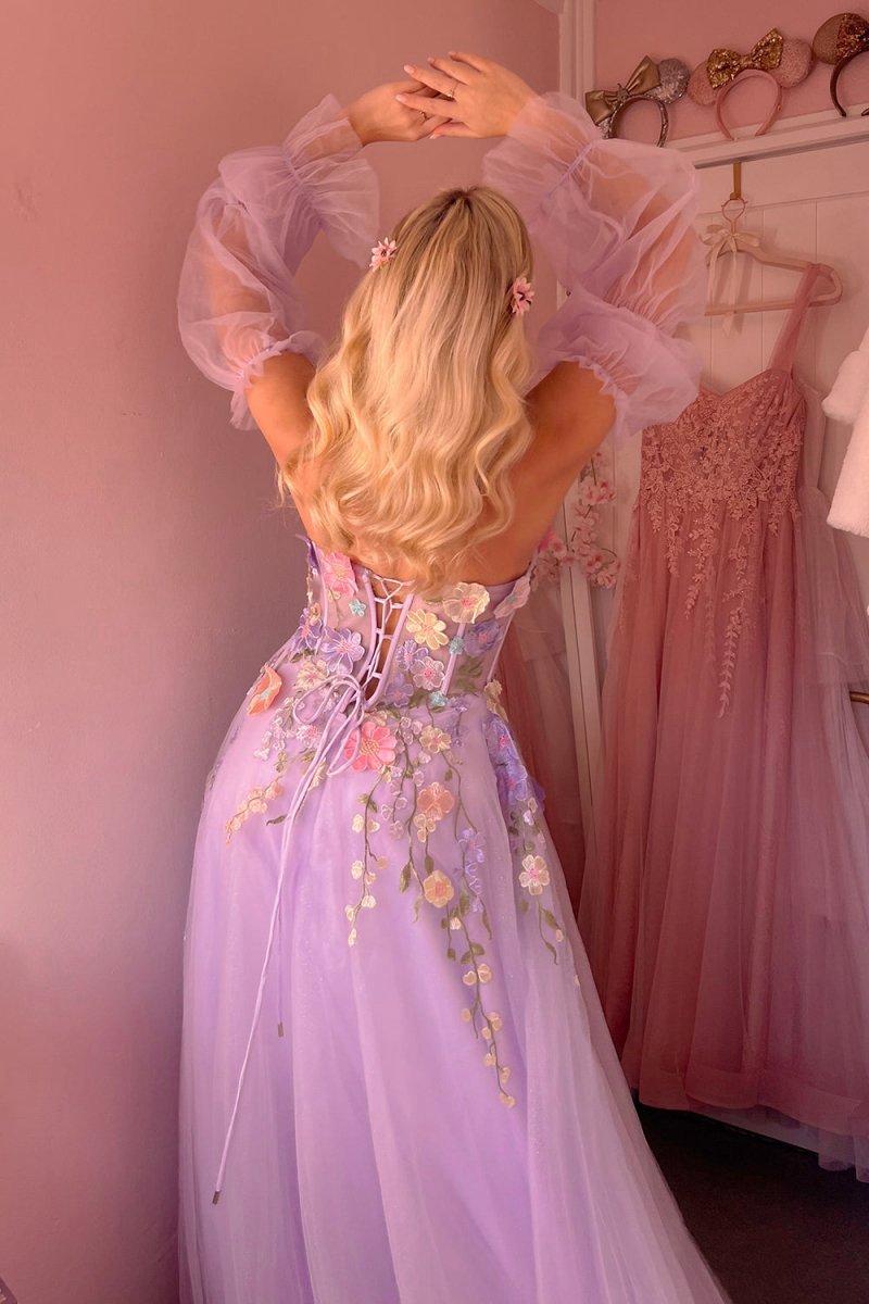 A-line Strapless Tulle Prom Dresses with 3D Flowers