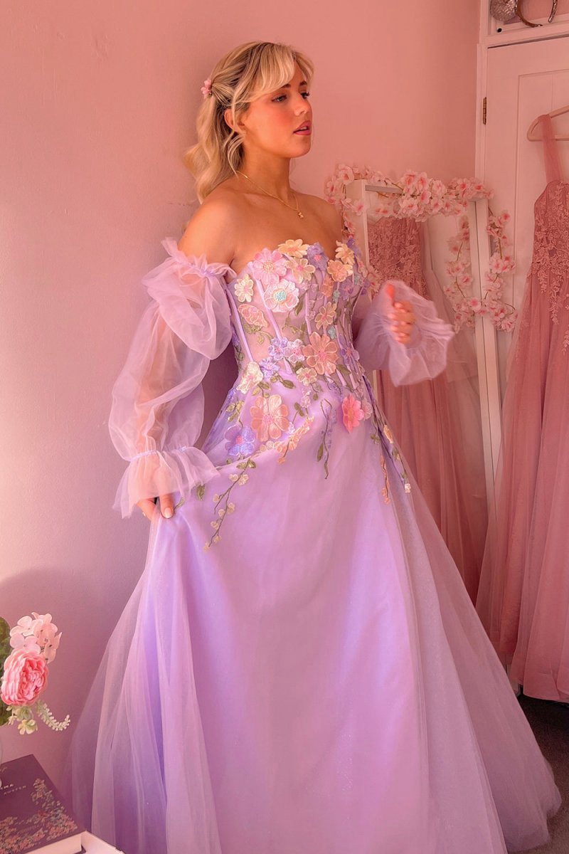 A-line Strapless Tulle Prom Dresses with 3D Flowers