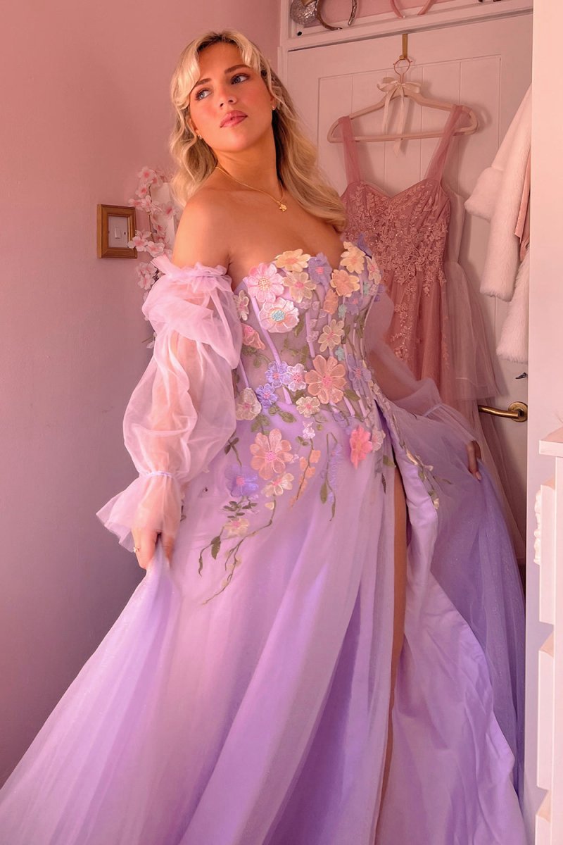 A-line Strapless Tulle Prom Dresses with 3D Flowers