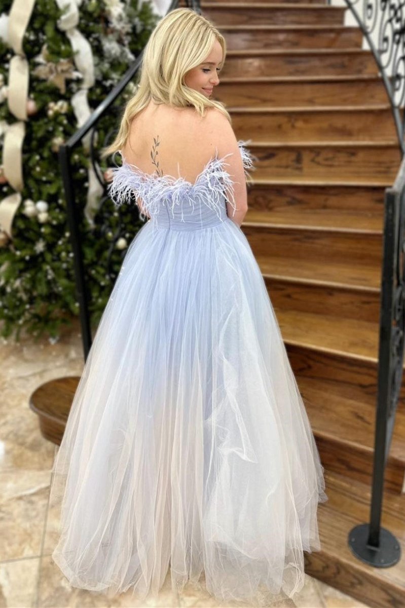 and Ombre Feathers Strapless A-line Long Prom Dresses