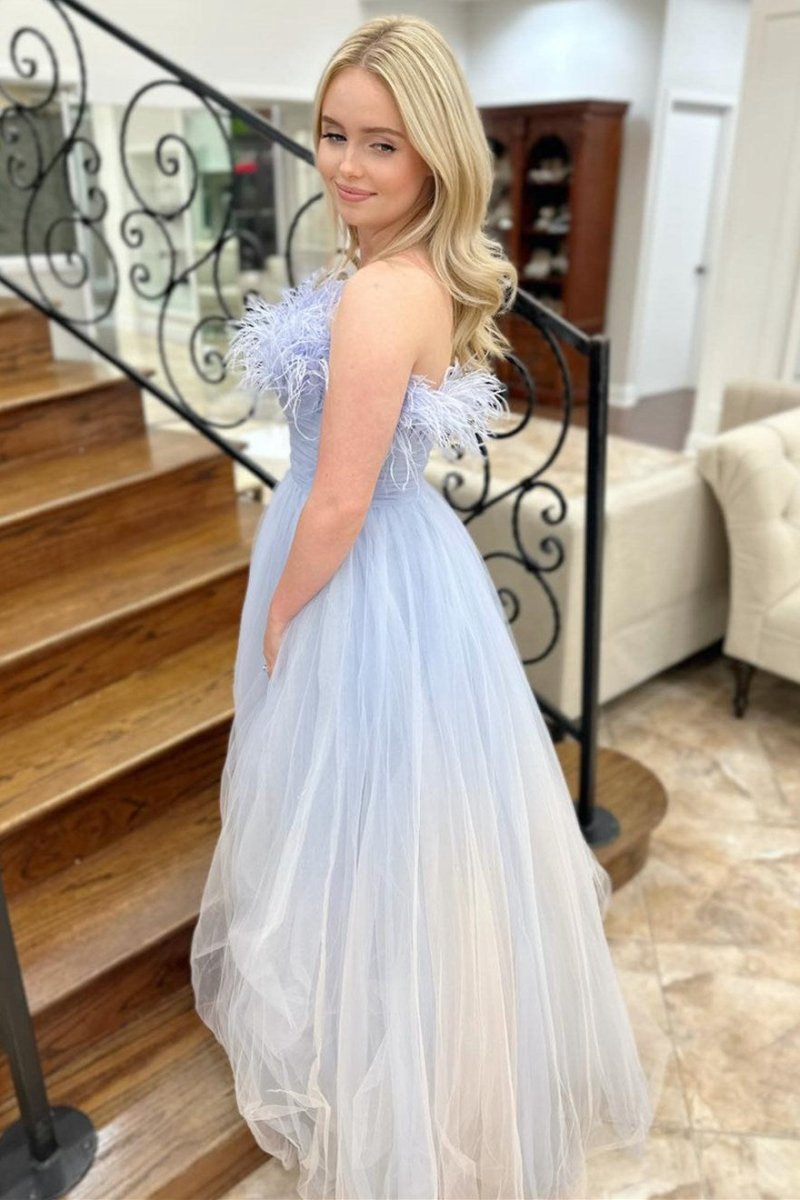 and Ombre Feathers Strapless A-line Long Prom Dresses