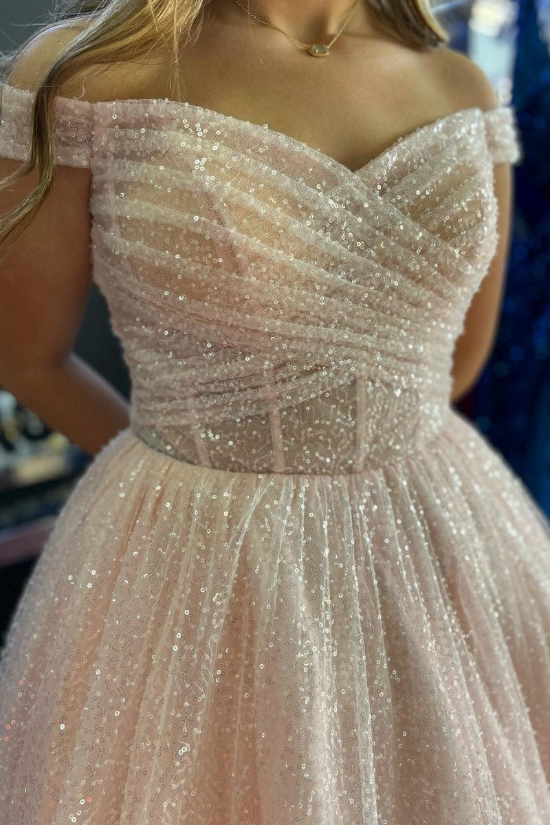 Sparkly Off-the-Shoulder Surplice Long Prom Dresses