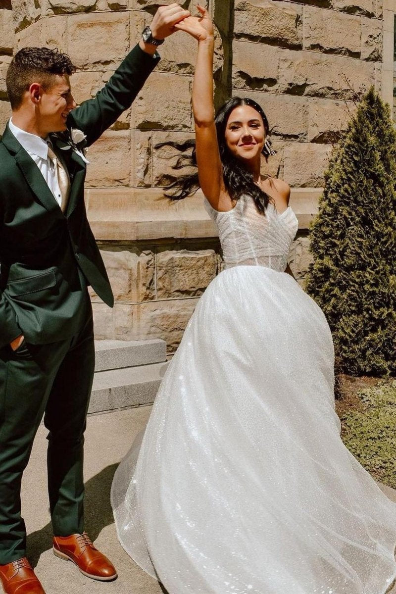 Sparkly Off-the-Shoulder Surplice Long Prom Dresses
