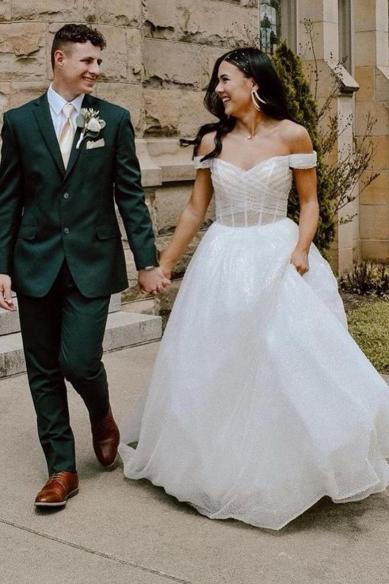 Sparkly Off-the-Shoulder Surplice Long Prom Dresses