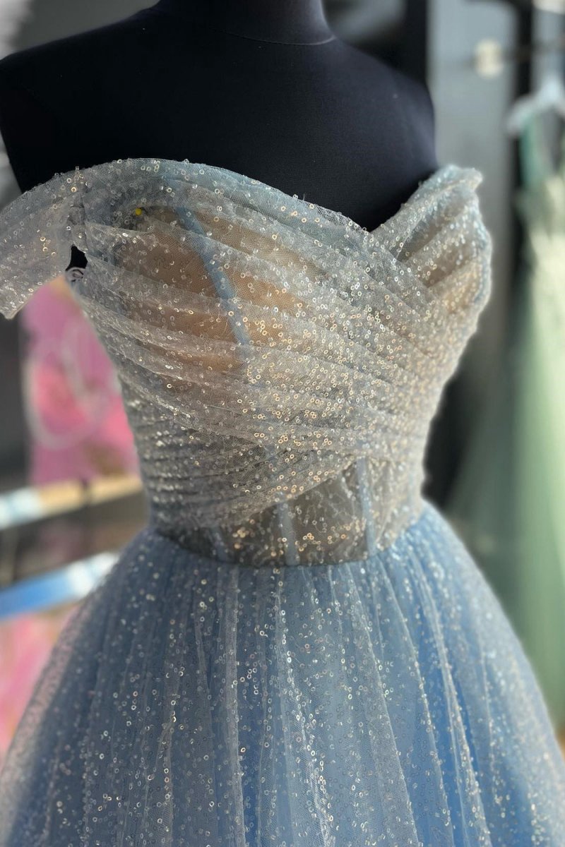 Sparkly Off-the-Shoulder Surplice Long Prom Dresses