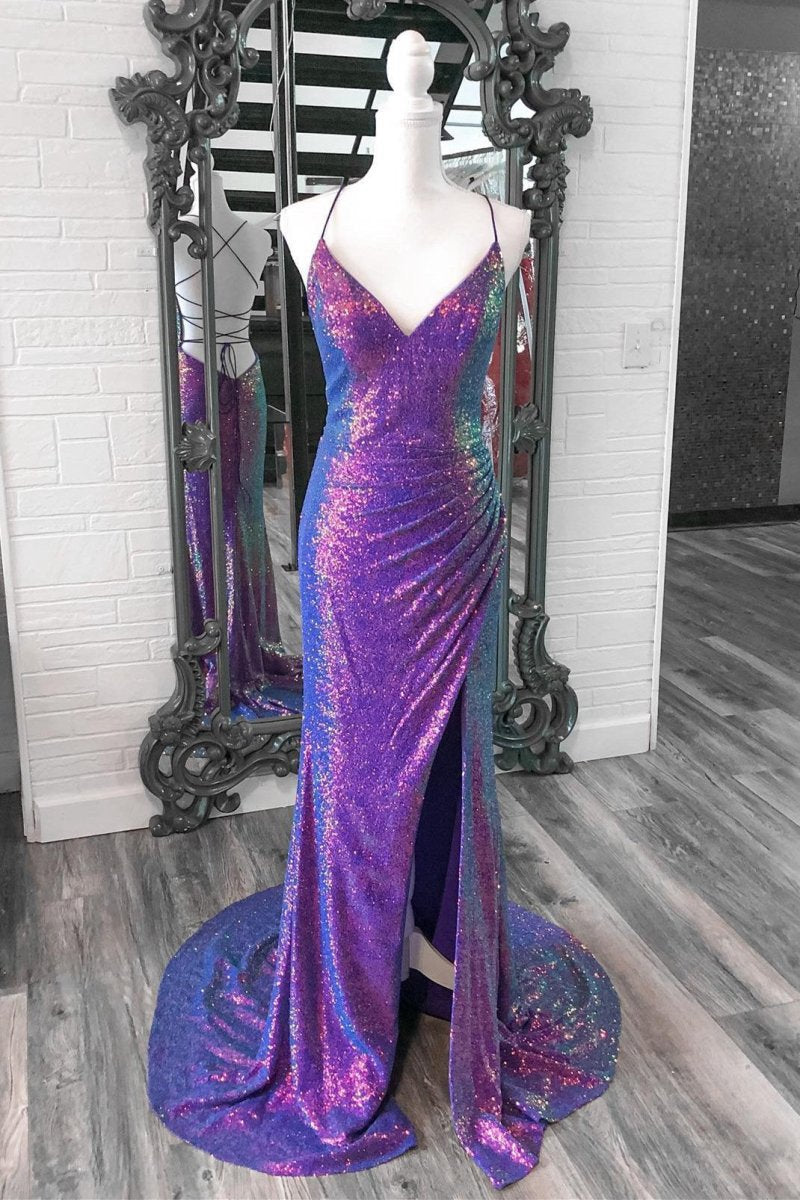 Iridescent Sequins V Neck Lace-Up Mermaid Long Prom Dresses with Slit