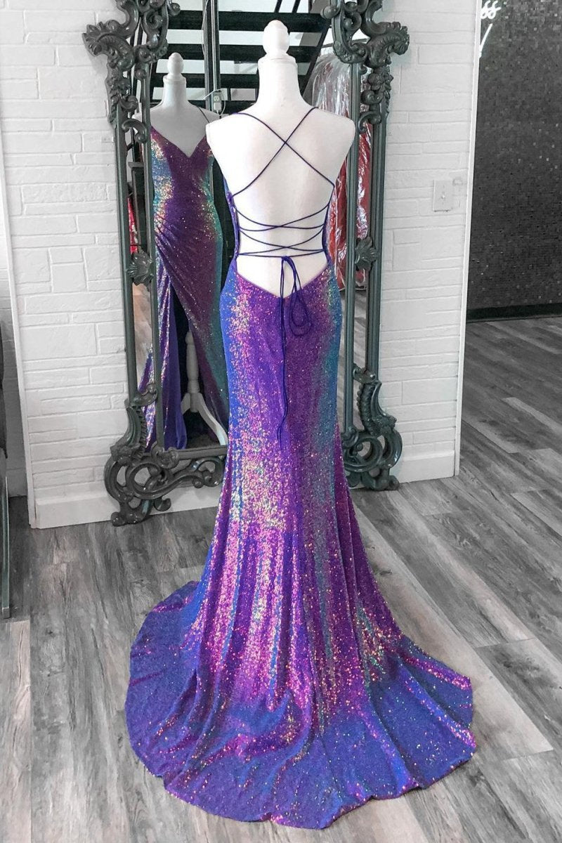 Iridescent Sequins V Neck Lace-Up Mermaid Long Prom Dresses with Slit