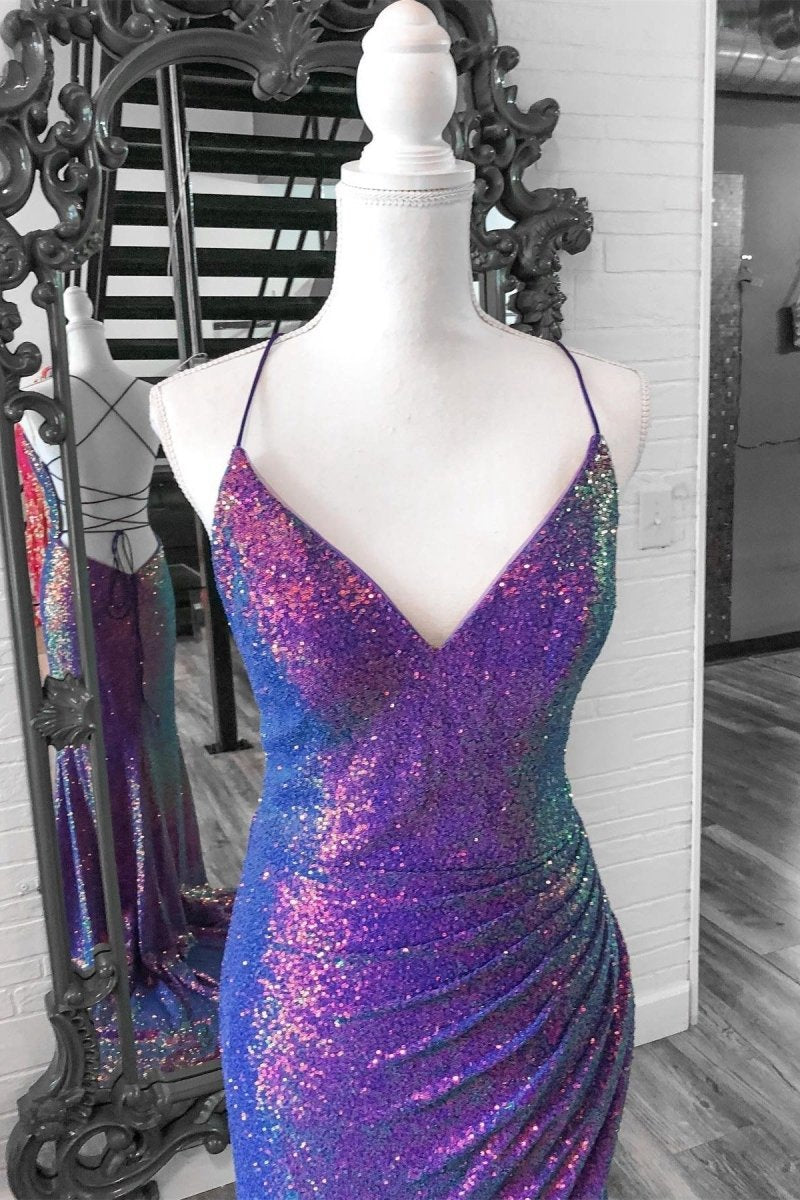 Iridescent Sequins V Neck Lace-Up Mermaid Long Prom Dresses with Slit